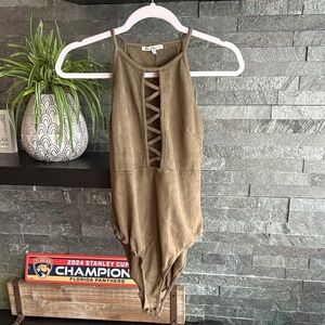 Charlotte Russe Faux Suede Strappy Bodysuit Olive Green (M)